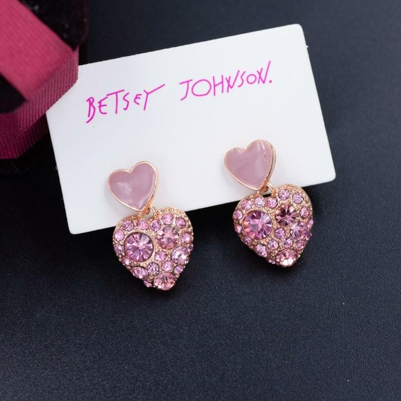Pink Crystal Betsey Johnson Heart Earrings - Picture 2 of 3